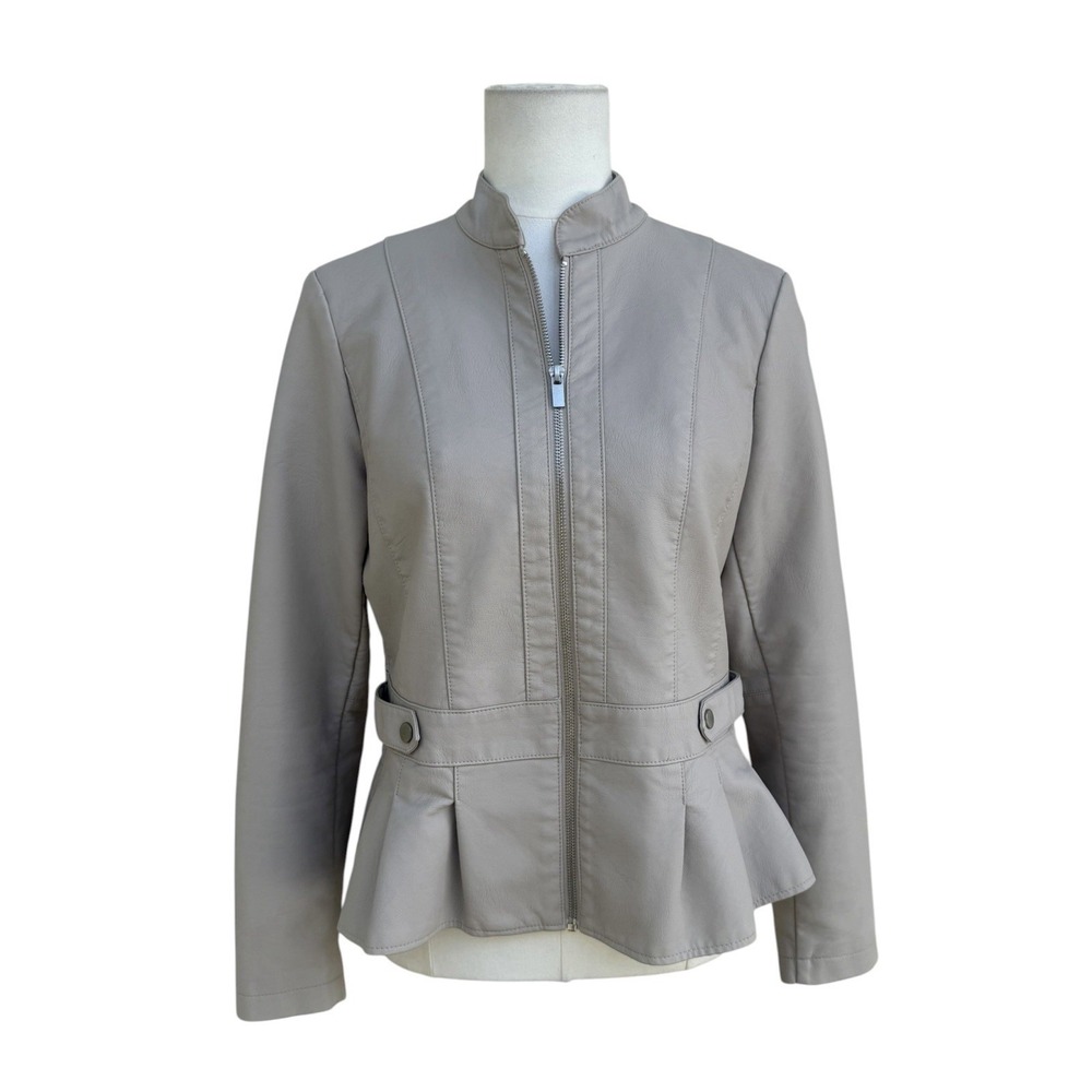 Baccini Taupe Faux Leather Peplum Jacket Womens M Zip Front Moto